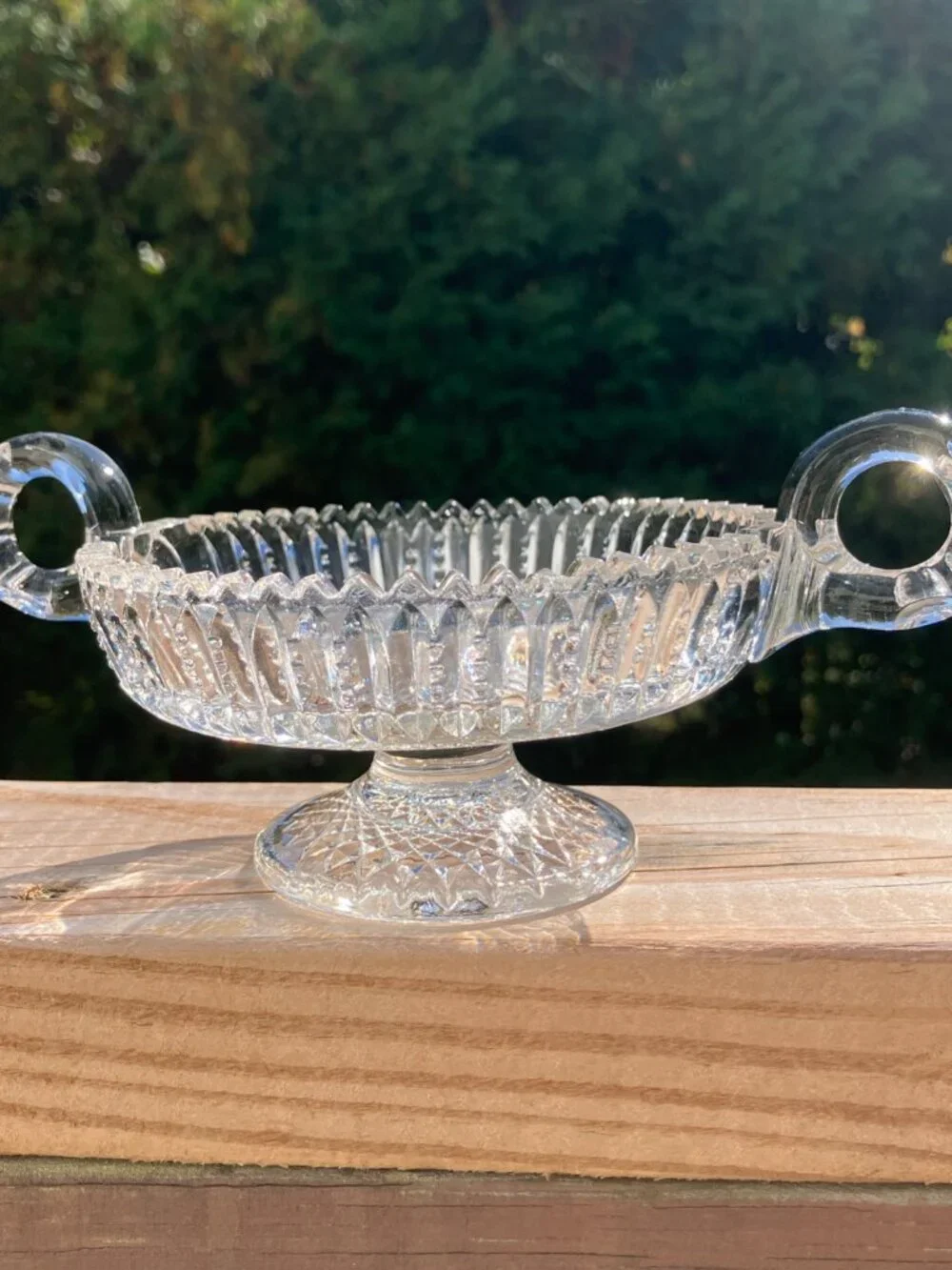 Vintage EAPG Brilliant Candy Dish Double Handle Starburst Sawtooth Rim cir 1910